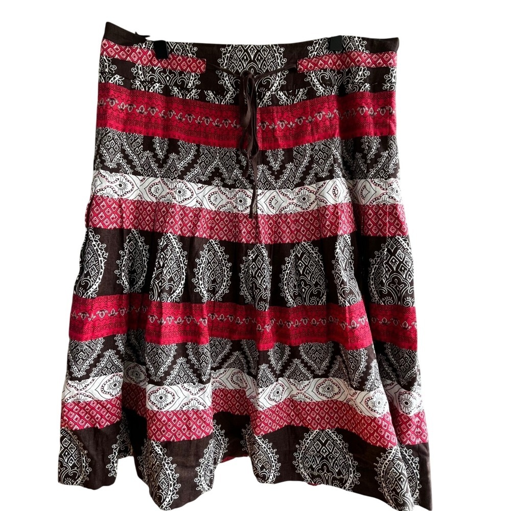 Loft Red Brown Paisley Midi Skirt Casual Boho Chic Style 8 A Line